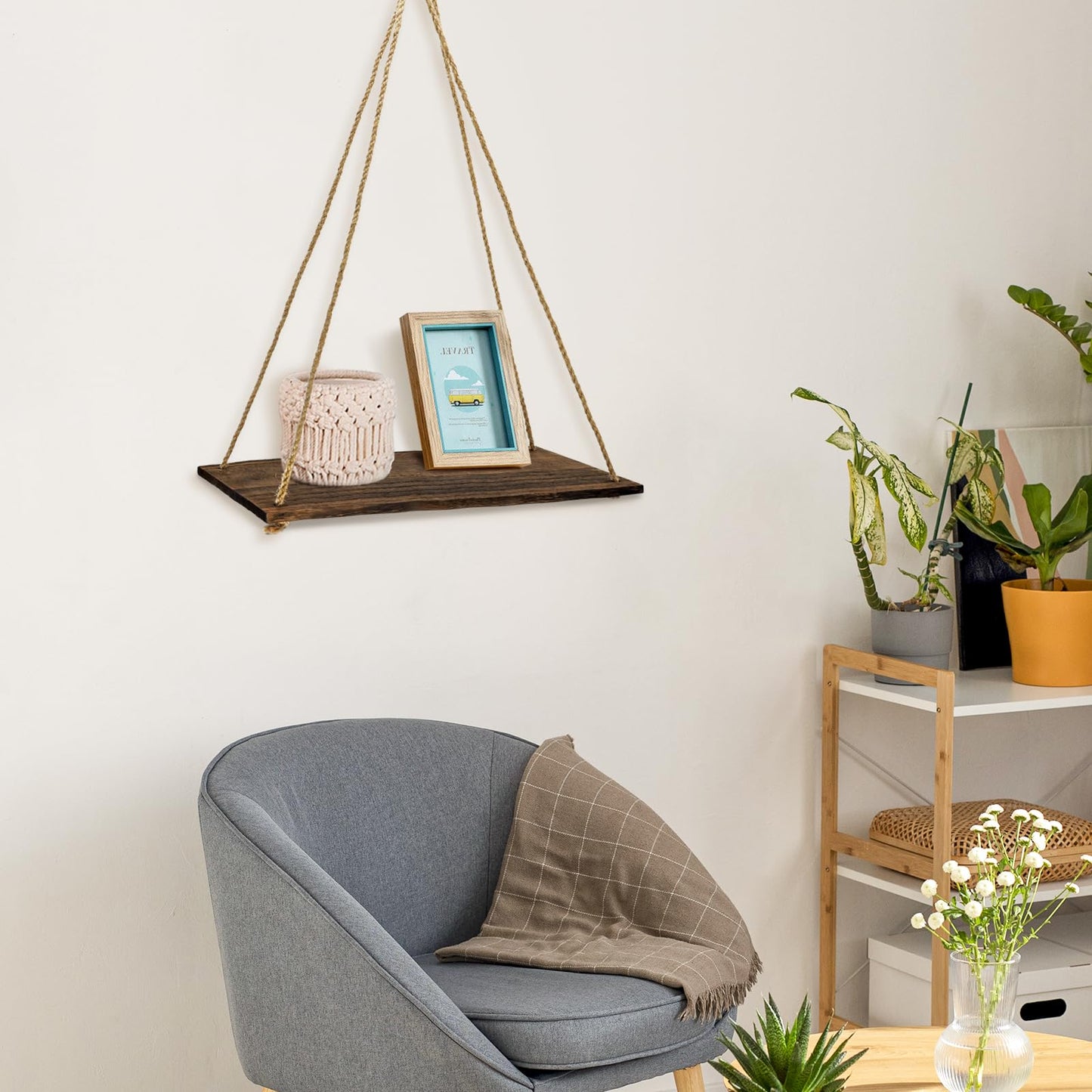 FuninCrea Hanging Shelves for Wall, 13.7×5.5 Inch Rustic Wood Floating Shelves with Swing Rope, Decorative Hanging Wall Shelf Photo Plant Display Shelf for Living Room Bedroom (Dark Brown)
