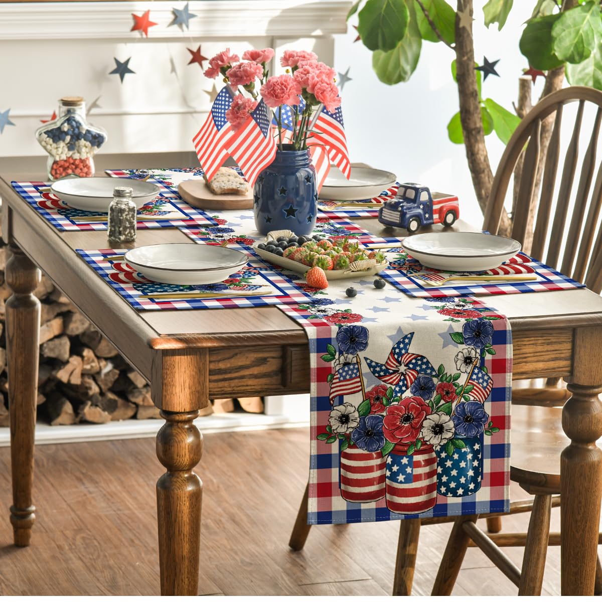 Artoid Mode Buffalo Plaid Vases Flowers 4th of July Placemats Set of 4, 12x18 Inch Seasonal Holiday Table Mats for Party Kitchen Dining Decoration
