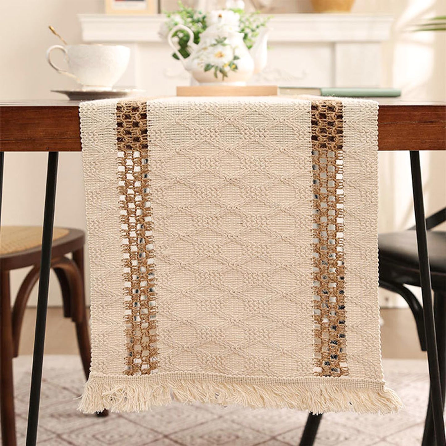 Niviy Boho Table Runner for Summer Home Decor 72 Inches Long Farmhouse Macrame Table Runner Cotton Linen Woven Table Runners for Fall Dining Table Decoration, Beige & Brown