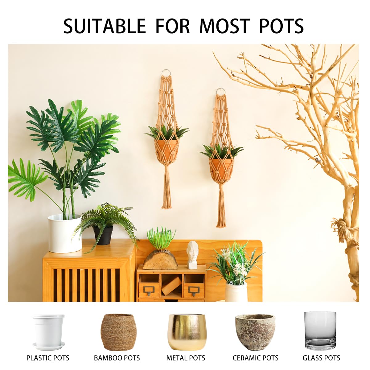 Artilady Hanging Planter for Indoor Plants Macrame Plant Hanger Large Hanging Plant Holder Brown Plants Basket White Rope Boho Original Wall Decor (Brown Plant Hanger-2pcs)