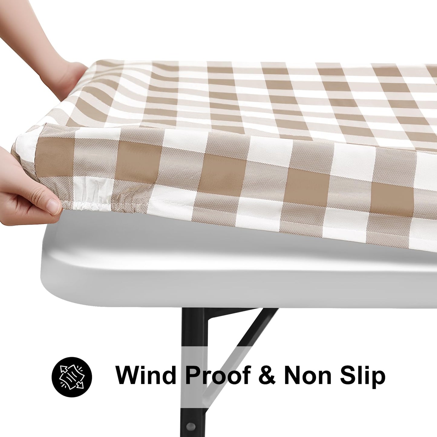 Smiry Rectangle Picnic Table Cloth, Elastic Waterproof Fitted Vinyl Tablecloths, Flannel Backed Buffalo Plaid Table Covers for Dining, Camping, Outdoor (White and Khaki, 30" x 72")