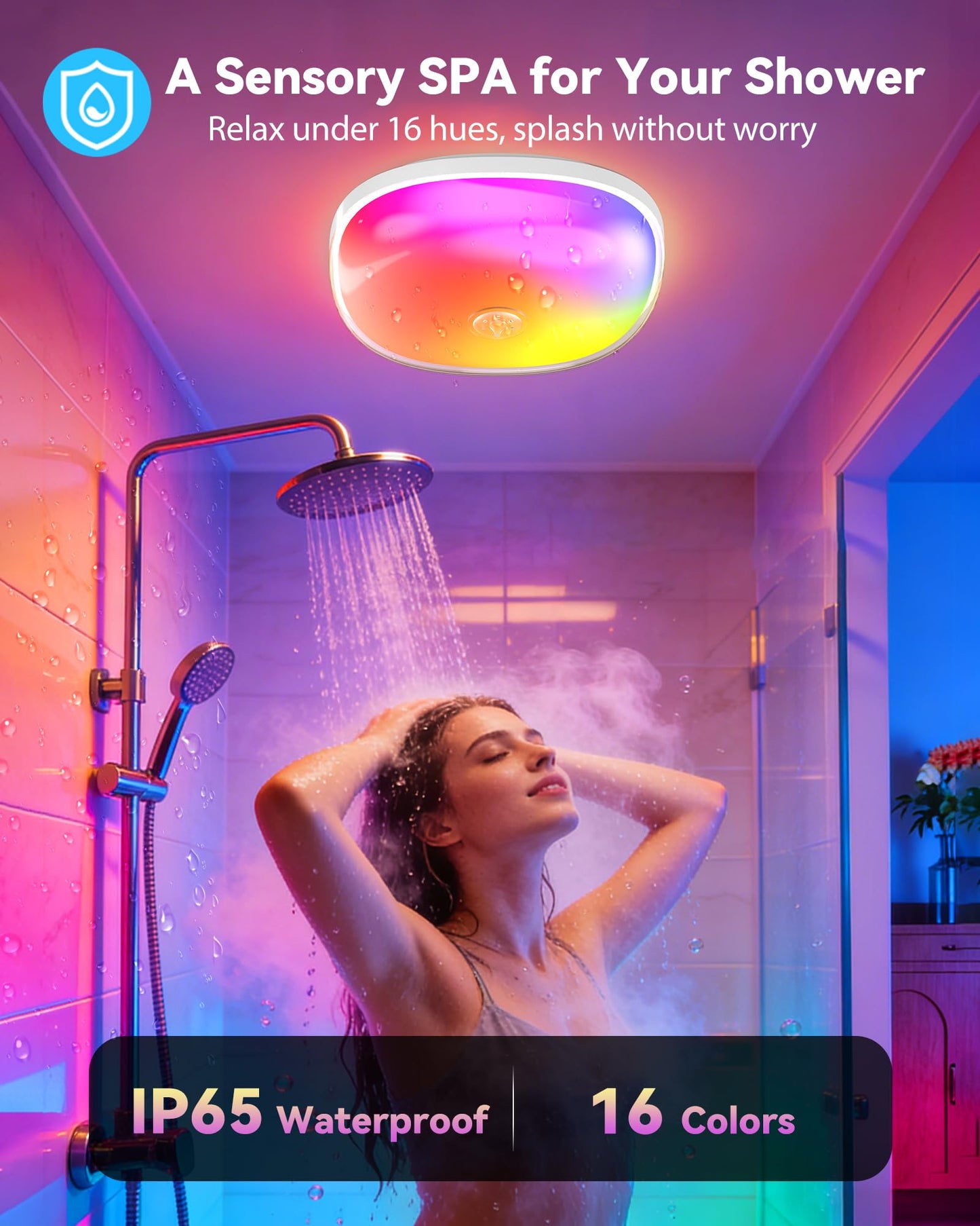 Gotopceed IP65 Waterproof Rechargeable Shower Light - 6″ 300LM Bright, 16 Colors Bathroom Mood Lighting with Touch & Remote, Magnetic Wireless Ceiling/Wall Light for Inside Shower/Bathtub