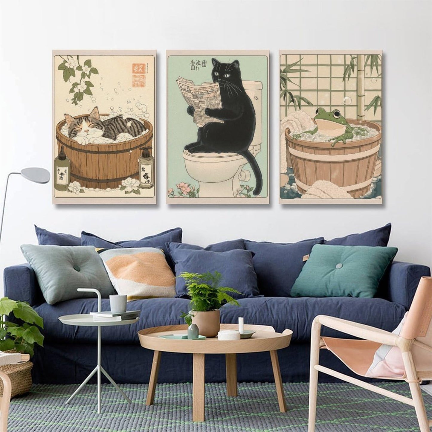 KERAXL Anime Cats Bathroom Poster Art Print, Funny Animal Bathroom Japanese Culture Wall Art Decor Cute Toilet Unframe 08×12inch(20×30cm) Set Of 3