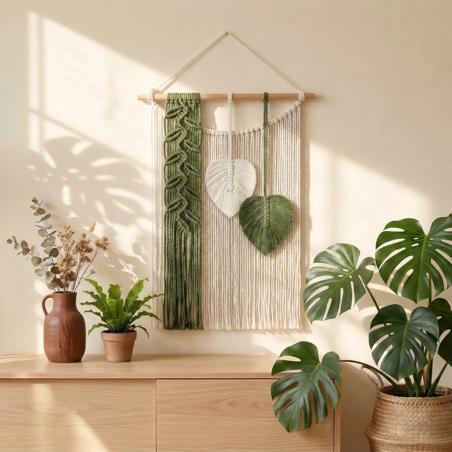 SunsprieJoy Macrame Wall Hanging, Boho Wall Decor Handmade Yarn Woven Leaf Tapestry, Modern Wall Art for Bedroom Nursery Kitchen Dining Room Bathroom, Home Decoration Gift for Women – Green