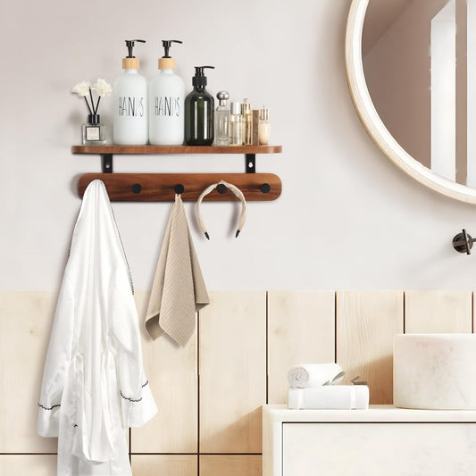 Homiton Coat Rack Wall Mount with Shelf, 17" Walnut Wood Wall Shelf with Hooks, Entryway Floating Shelves with 5 Metal Hangers for Coats, Backpacks, Living Room, Bedroom, Bathroom