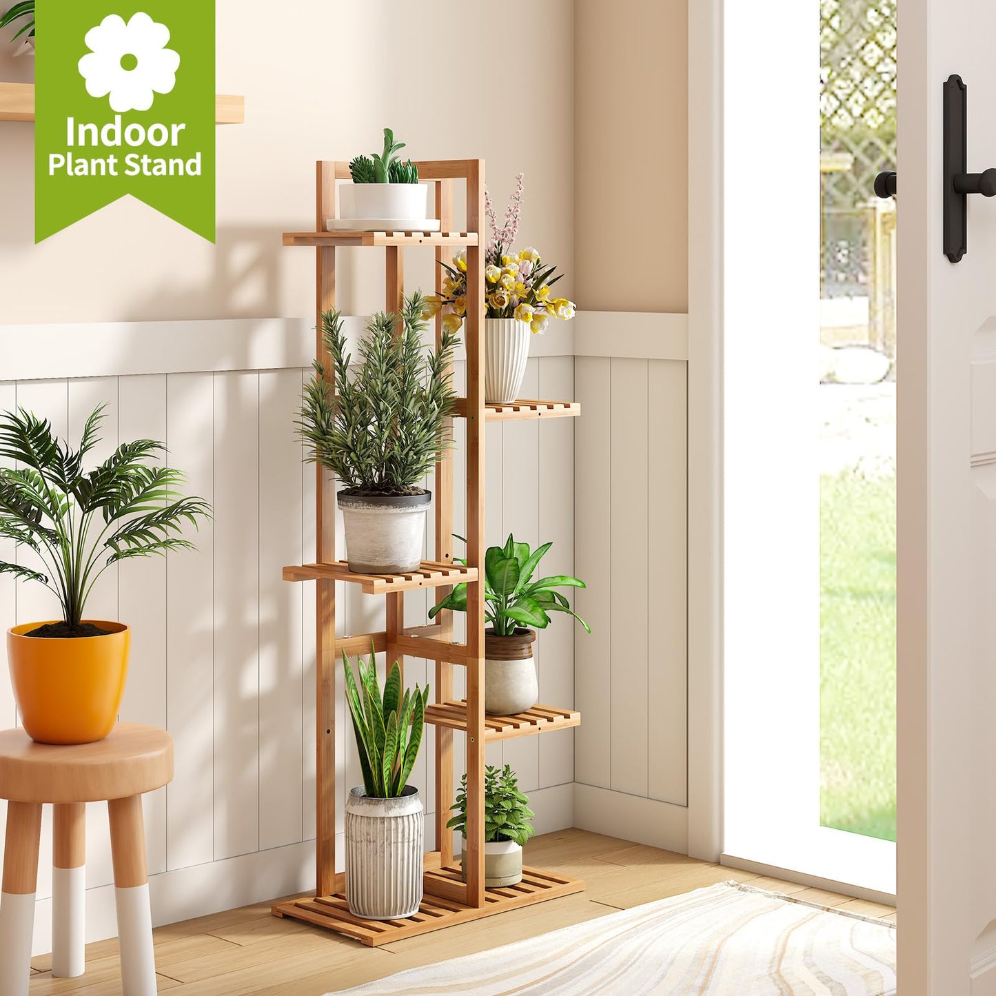BMOSU Bamboo Plant Stand for Indoor Outdoor Plants Corner Tall Plant Shelf 6 Potted Holder Shelf Plant Rack Holder Display Rack(Natural)