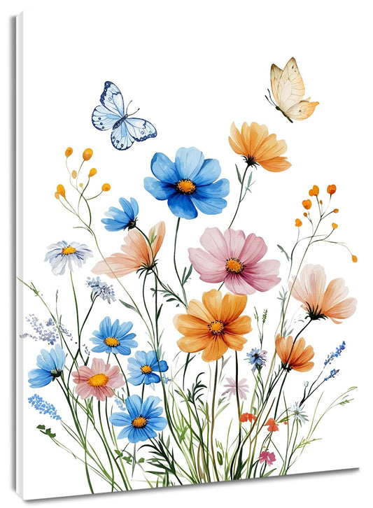 RASEONG Spring Floral Wall Art for Livingroom, Blue and Pink Flower Nature Plant Wall Decor Rustic Wildflower Wall Decor for Bathroom Office Bedroom, 12W x 16L Inches