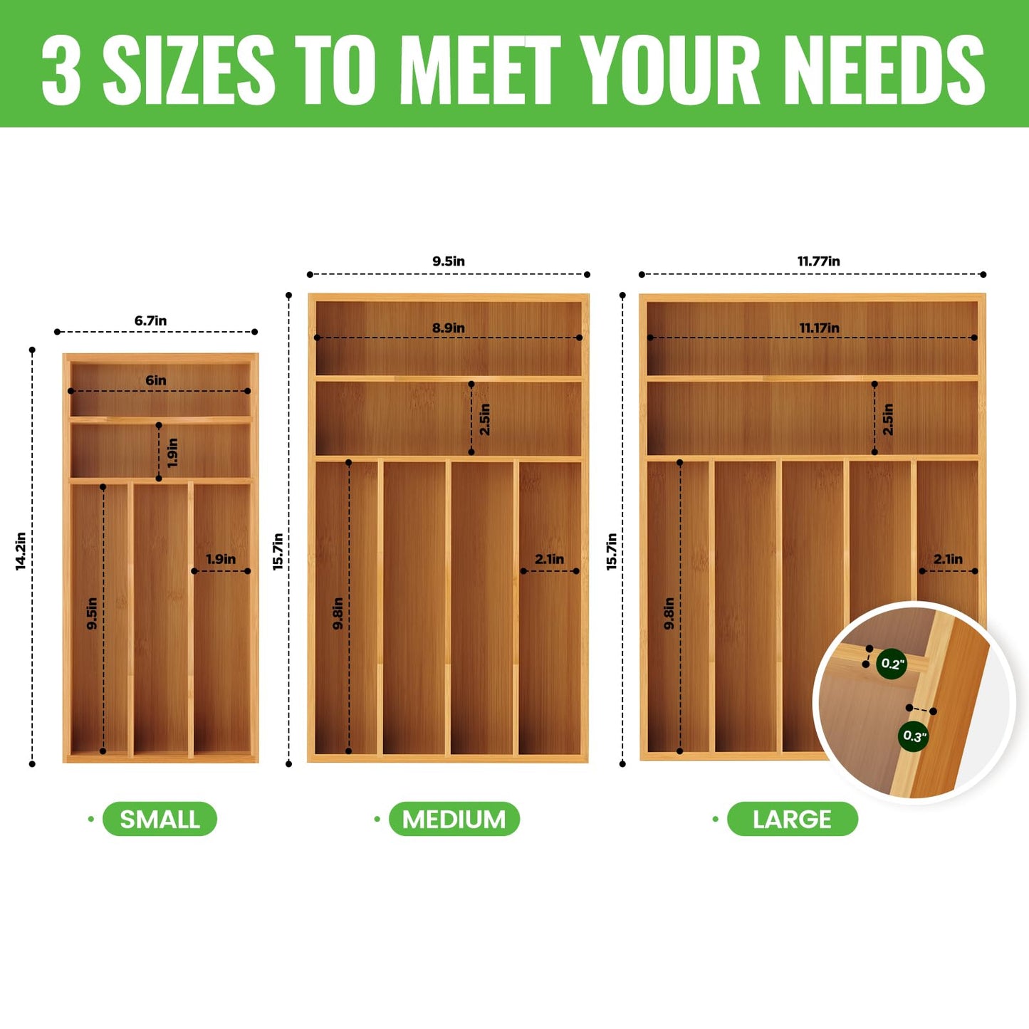 Bayting Small Silverware Organizer, Bamboo Kitchen Drawer Cutlery Organizer, Utensil Holder, Flatware Organizer Tray (14.2"x6.7"x1.6")