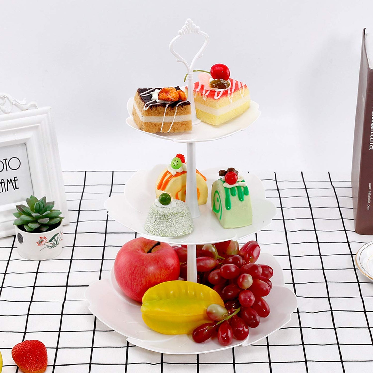 Tosnail 3 Pack 3 Tiers White Plastic Cupcake Stand Dessert Stand Tiered Serving Trays - Round, Square, Flower