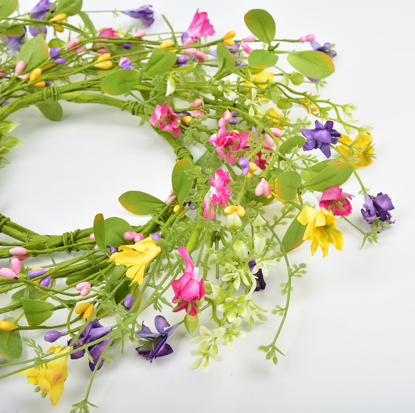 LSKYTOP Artificial Flower Wreath with Green Leaves Berries Wildflower Spring Summer Wreath for Front Door Wall Wedding Decor,12inch (1)