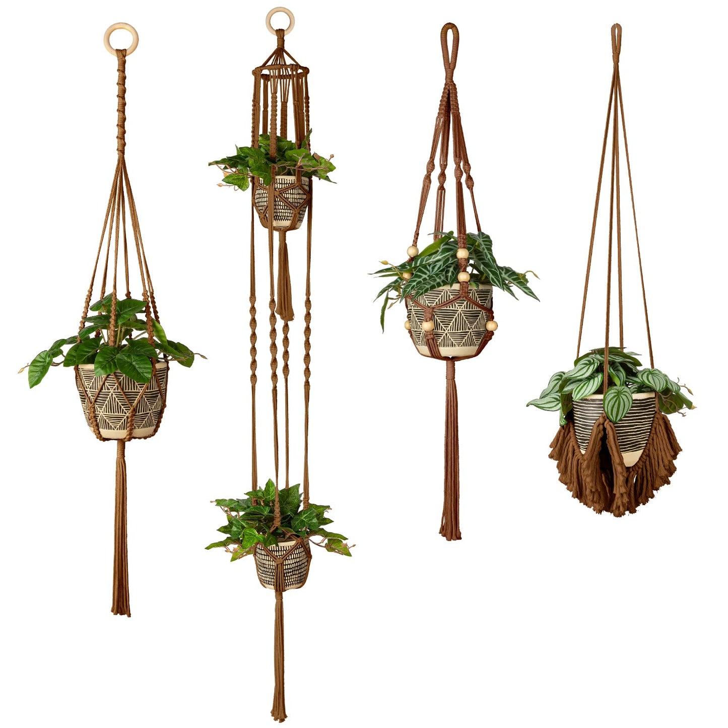 ANROYE Macrame Plant Hanger for Indoor Set of 4, Bohemian Hanging Planter with Tassels for Flower Pot, Boho Decorative Houseplant Rope Holder for Home Decor Bedroom Window Farmhouse