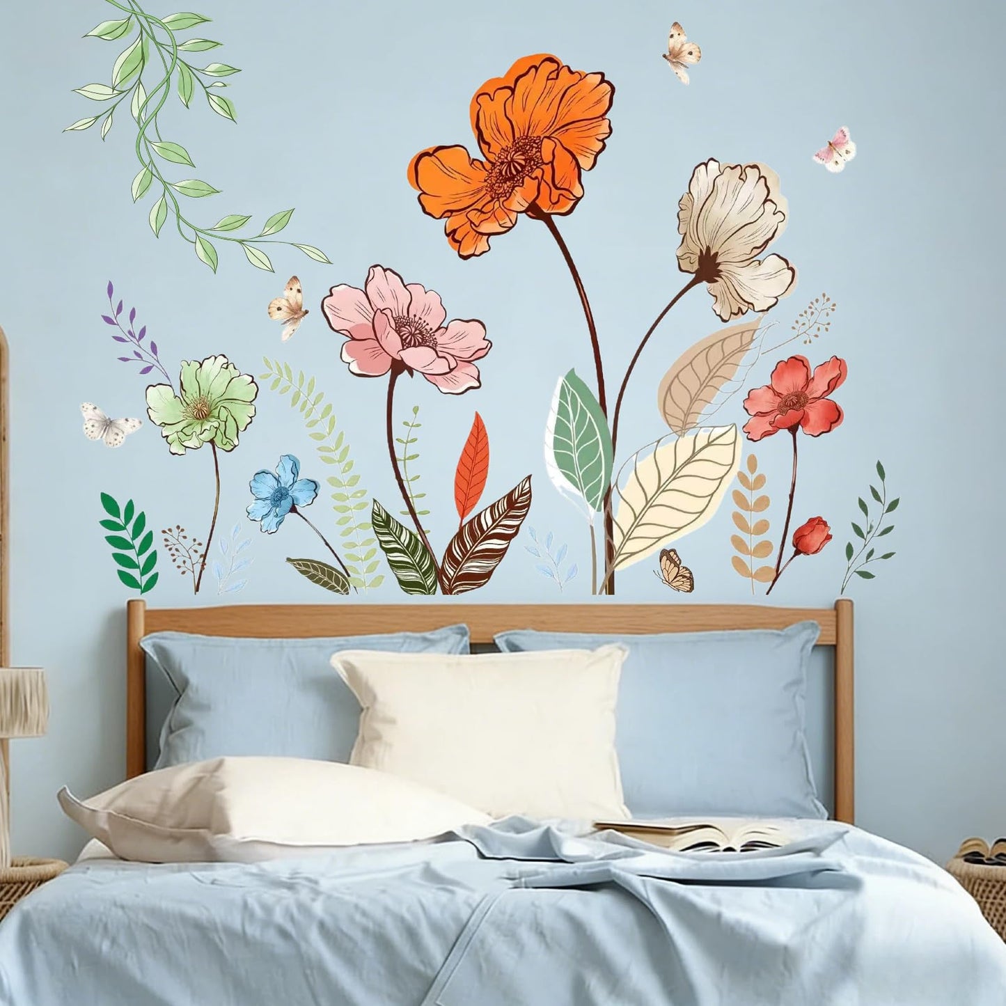 Flower Wall Decals Large Boho Wall Stickers - Wildflower Floral Spring Wall Art Decals Wall Decor Peel and Stick for Living Room Bedroom TV Wall