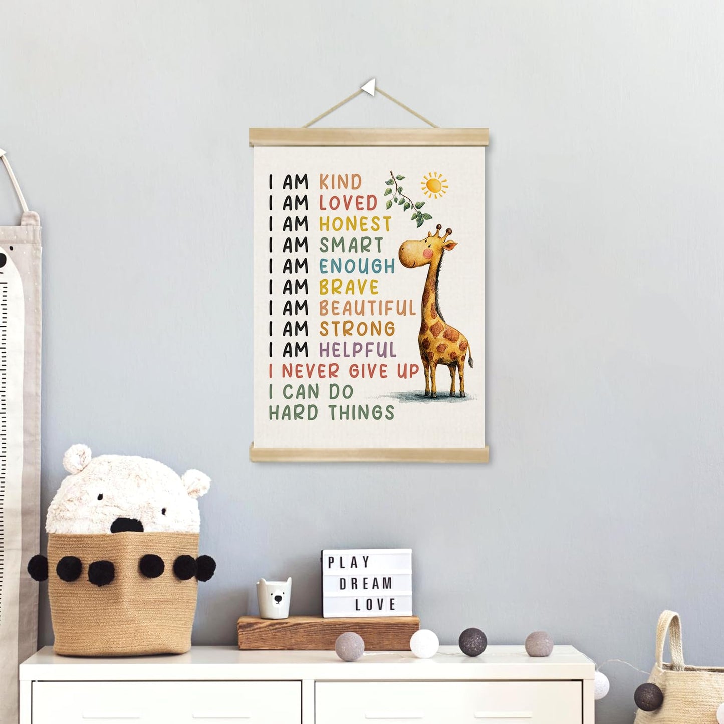 Positive Affirmations Wall Art Decor– I Am Kind,I Am Strong Canvas Poster with Giraffe Pattern, Motivational Wall Hanging Decor for Classroom Nursery Playroom,Kids Room Decor 14.5x18Inch(Je03)