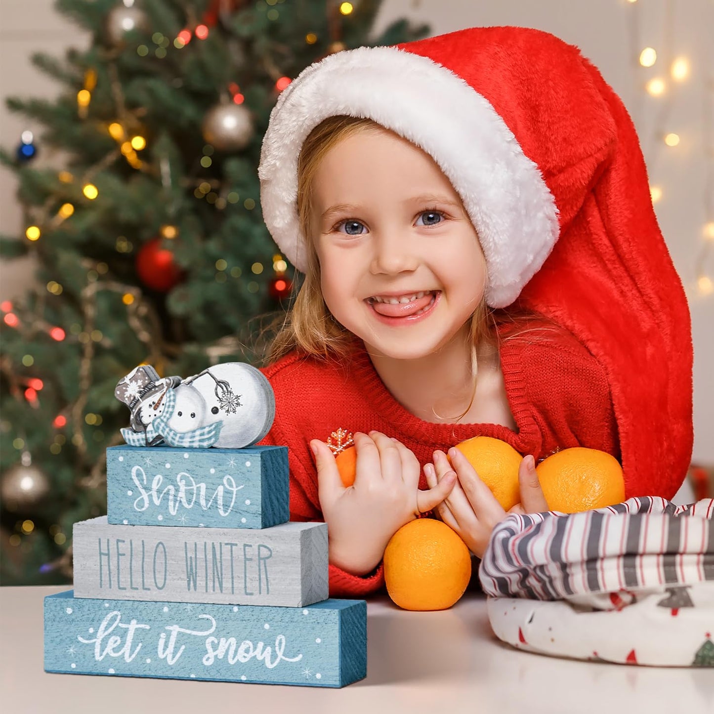 Smile 4 Pcs Christmas Signs, Wooden Tabletop Decor, Let It Snow Hello Winter, Ornaments for Home Shelf Mantel Fireplace.