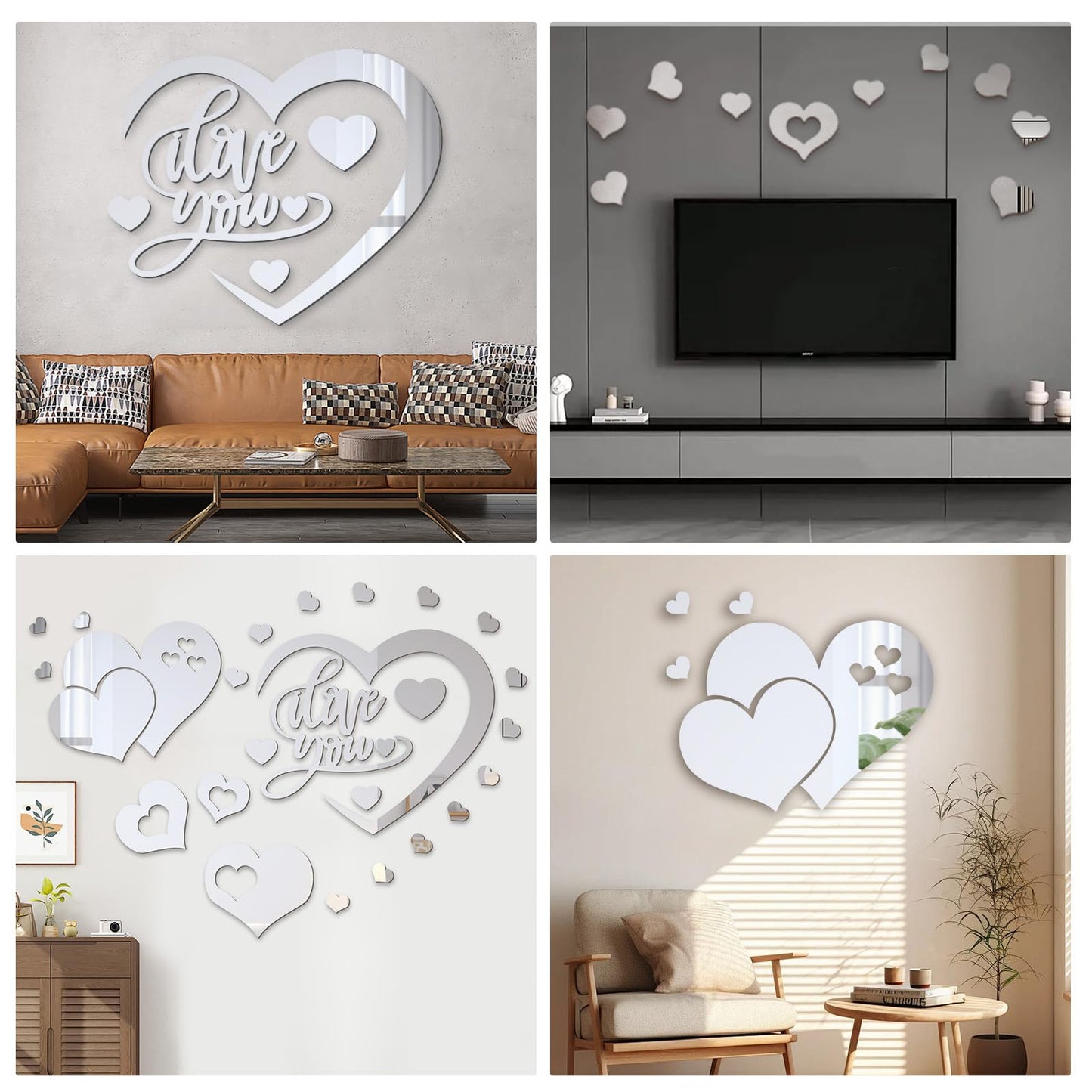 STNRST-IN 25 PCS Mirror Wall Decor, Acrylic Removable Heart Shape Mirror Stickers, DIY Self-Adhesive Wall Decor for Home Living Room Bedroom Bathroom Kitchen Sofa TV Background Decoration(Silver)
