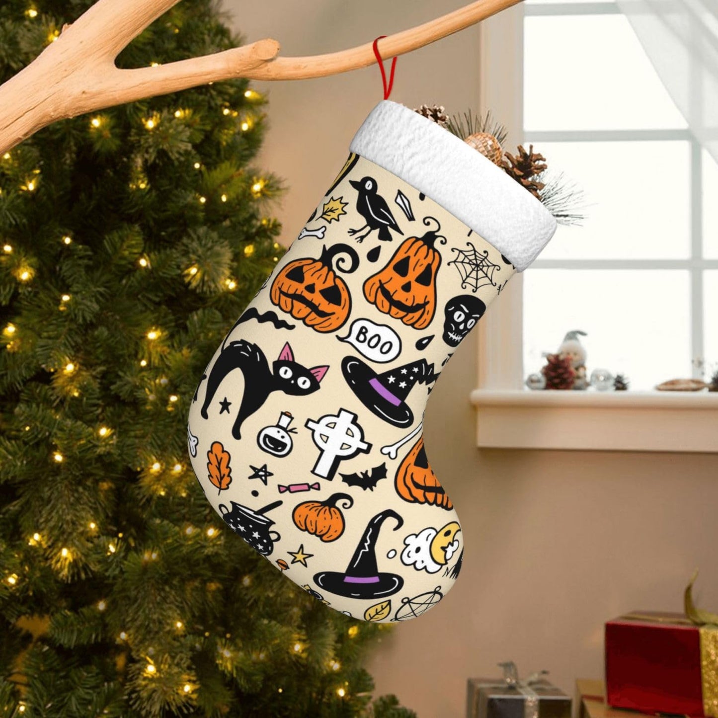 Halloween Cat Pumpkin Christmas Stockings Hanging Decoration Stockings 17.7 Inch Xmas Stockings for Fireplace Family Party Holiday Decor 1PCS