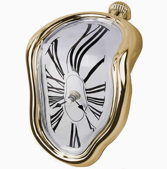 OHmaker Melting Clock Dali Melted Clock Gift Decor Art Inspired Wall Clock Twisted Shelf Hanging Surrealist for Decorative Shop Office Home Desk Roman Gold…
