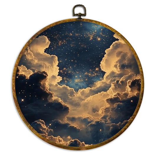 XPH Vintage Moody Night Sky Round Wall Art Framed, Abstract Mystical Celestial Circle Wall Decor, Starry Night Clouds Hanging Canvas Prints for Home Bedroom Living Room Decoration, 10x10 Inch