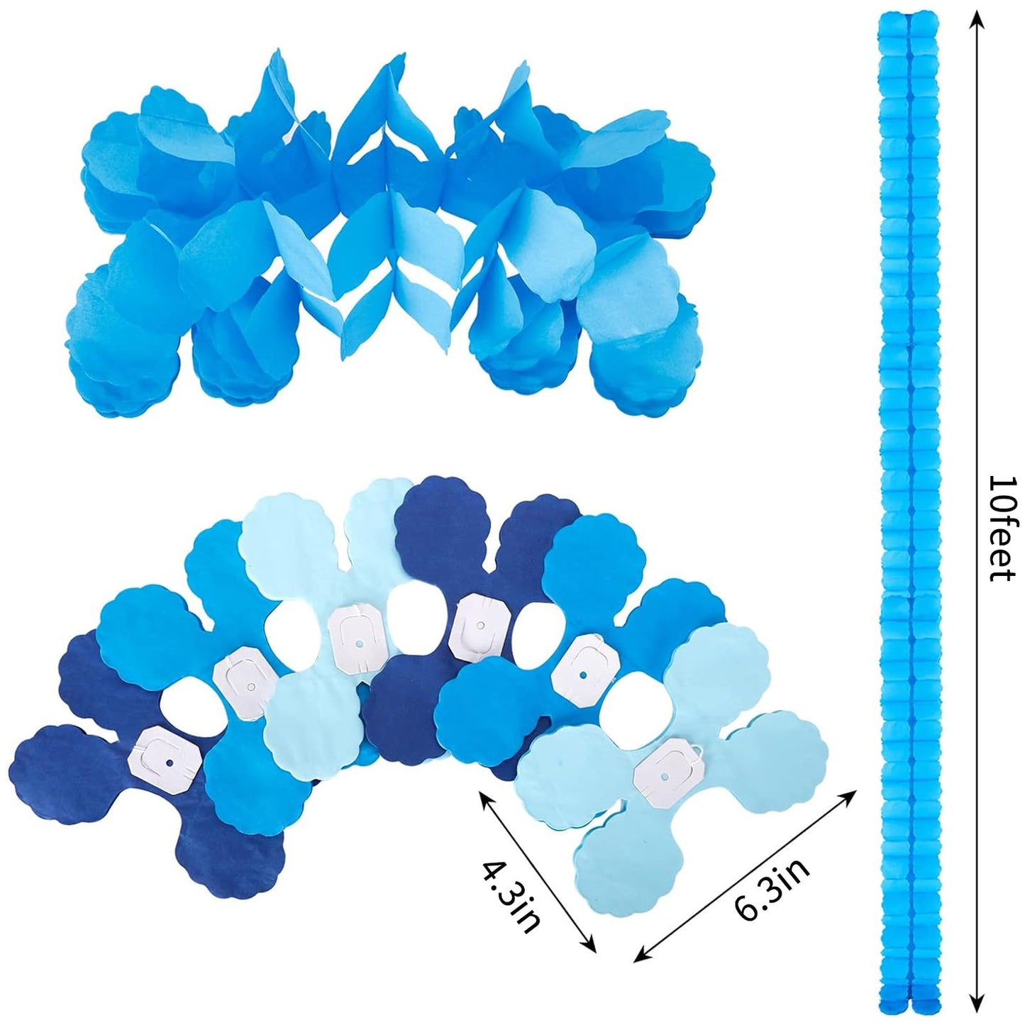 RUBFAC 6pcs Four-Leaf Clover Garland Party Blue and White Streamers Tissue Paper Hanging Flower Garland for Frozen Party Baby Shower Decoration