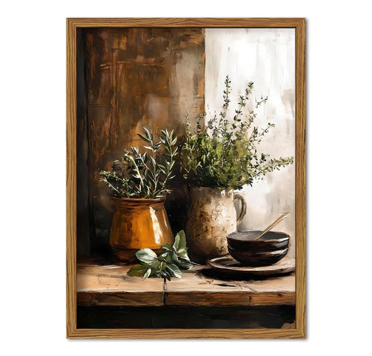 Framed Vintage Kitchen Wall Art, Rustic Herbs Pictures Wall Decor Paintings, Farmhouse Cottagecore Botanical Canvas Prints Moody Home Decor Aesthetic for Dining Room Living Room 12x16 inch