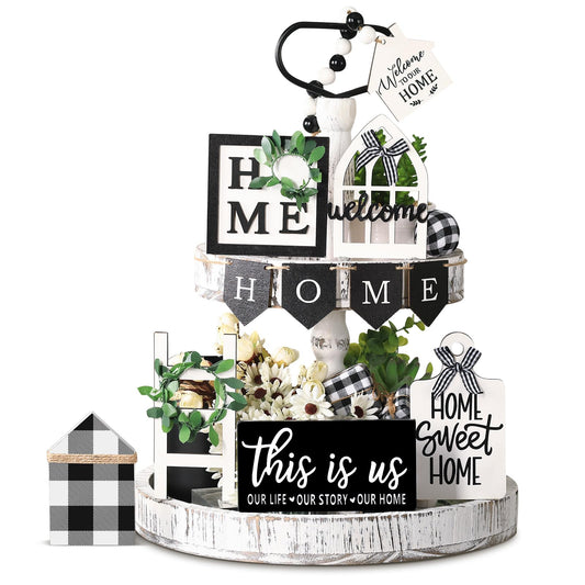 FairySandy Set of 11 Home Tiered Tray Decor This is us Rustic Farmhouse Tiered Tray Decorations Set Home Wooden Signs Vintage Farm Animal Farmhouse Tabletop Wood Signs for Kitchen Table Shelf Decor