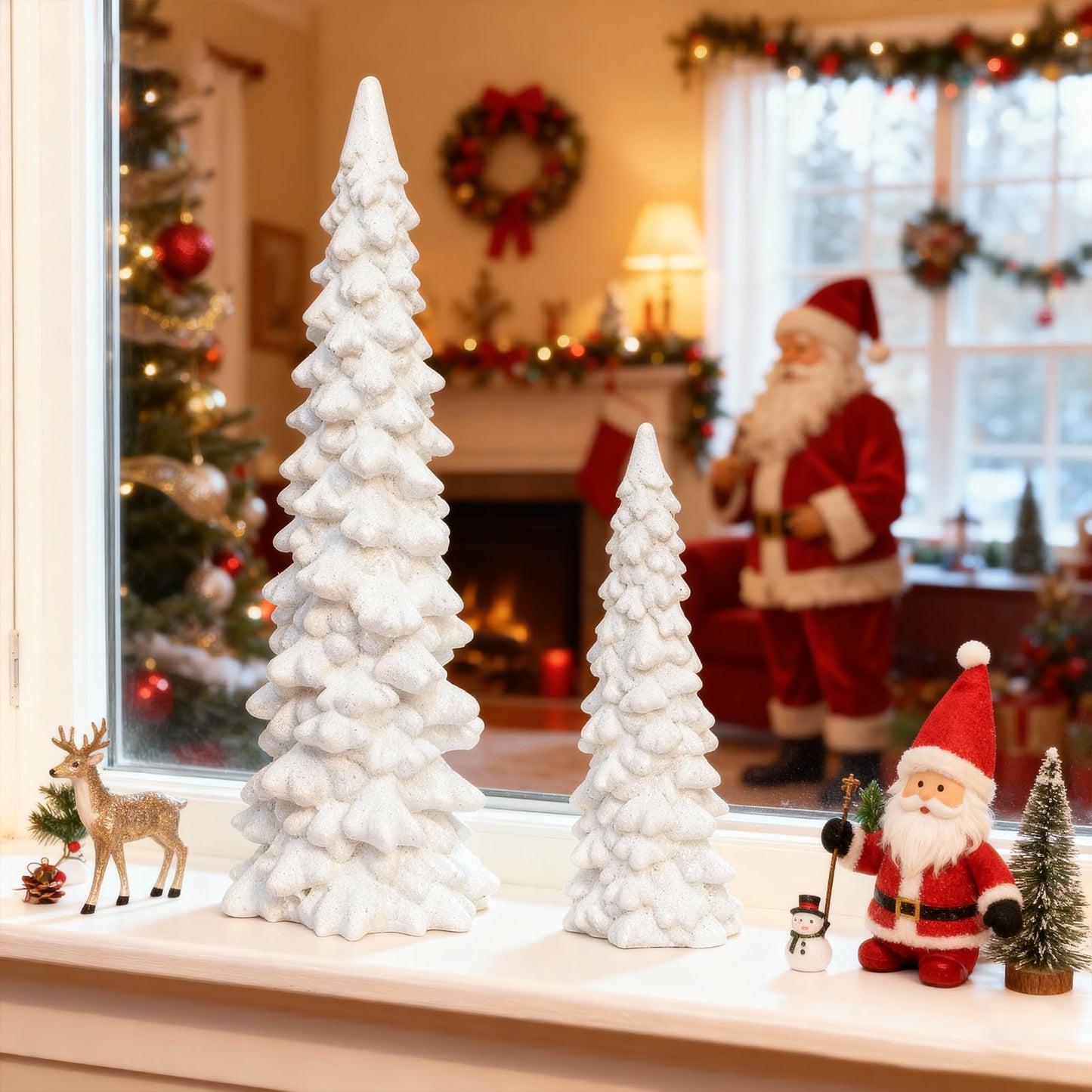 Set of 2 White Glitter Resin Trees,Small Pine Tree Figurines Decorative Christmas Trees Tabletop Centerpieces Decor for Christmas,Xmas,Holiday,9.6'' / 6.1''