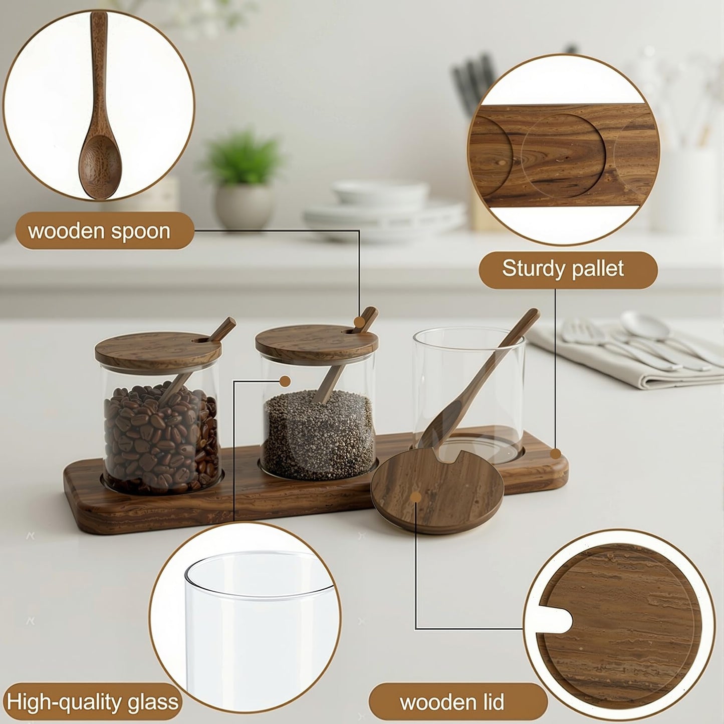 JEORGU 3 Pcs Glass Spice Jars with Acacia Wood Lids & Spoons, 350ml Seasoning Containers with Tray, Clear Sugar Salt Pepper Jars with 9 Labels, Classic Kitchen Countertop Storage Set (Acacia Wood)
