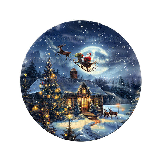 DecoMyth Round Metal Sign Santa Festive Farmhouse Wall Art Holiday Decor for Home Kitchen Bar Cafe Bedroom Office 8 * 8inch