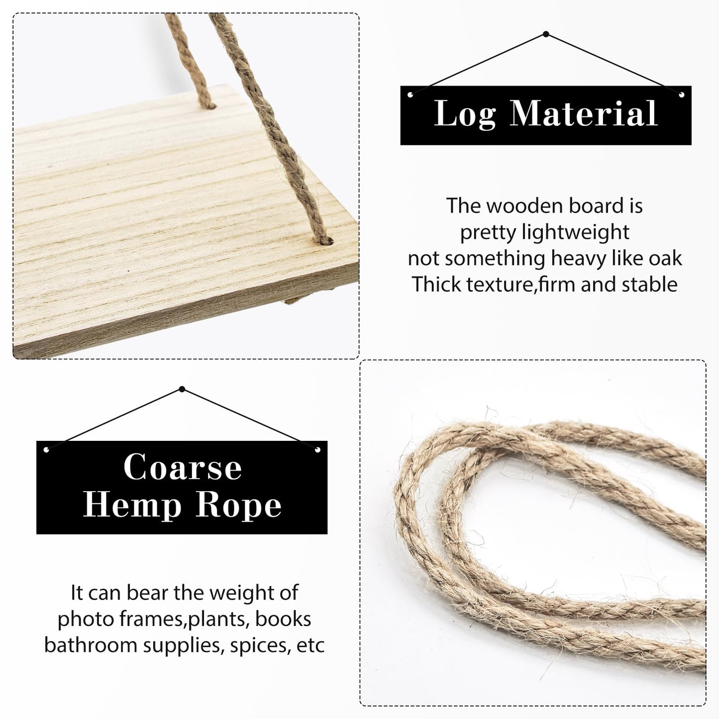 FuninCrea Hanging Shelves for Wall, 13.7×5.5 Inch Rustic Wood Floating Shelves with Swing Rope, Decorative Hanging Wall Shelf Photo Plant Display Shelf for Living Room Bedroom (Dark Brown)