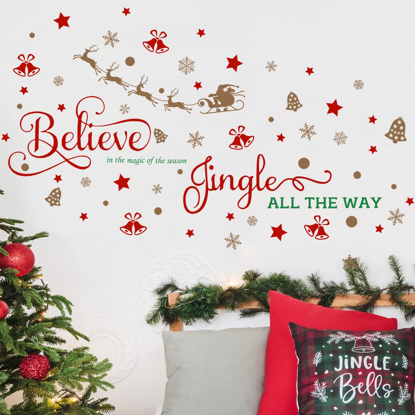 Hotop 4 Sheets Christmas Wall Decals Believe Quote Wall Stickers Christmas Wall Decor Reindeer Snowflakes Window Clings Vinyl Wall Art Decal Removable for Christmas Party Supplies Home Window Decor
