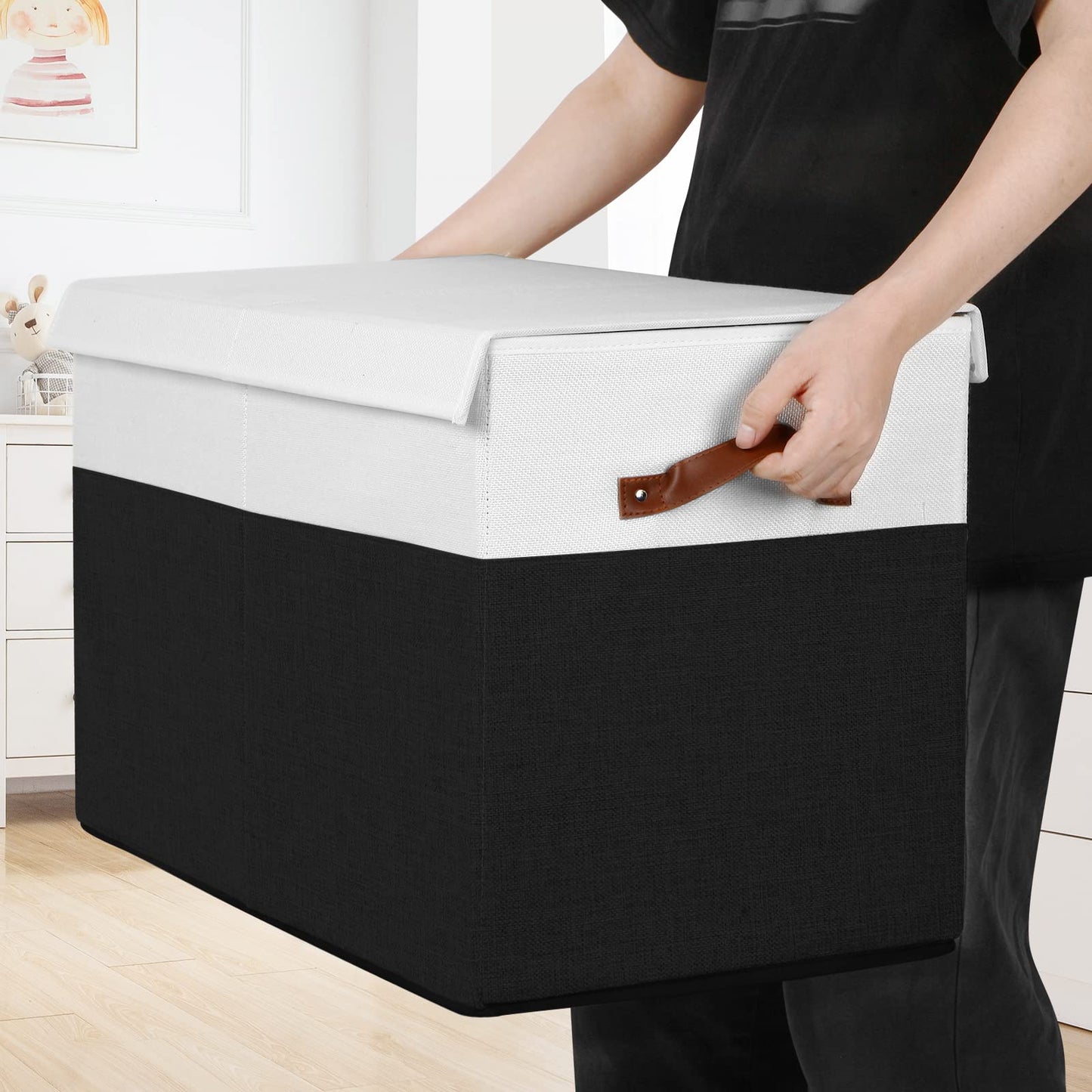 Gowee Large Toy Storage Box with Lid, Sturdy Toys Storage Chest Bin Organizer Basket with Dividers for Kids, Boys, Girls, Nursery, Closet, Bedroom, Playroom 25"x13" x16" (Black and White)