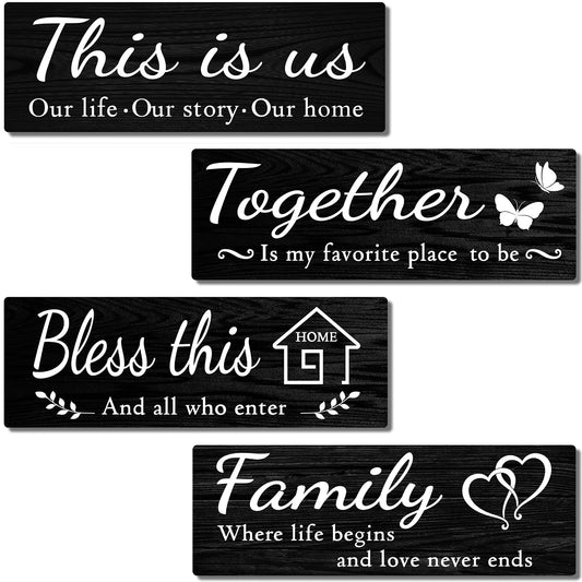 IDATOO 4 PCS Home Wall Decor Signs, Rustic Wooden Living Room Hanging Decorations with Quotes THIS IS US/TOGETHER/BLESS THIS/FAMILY, Housewarming Gifts for Wedding Kitchen