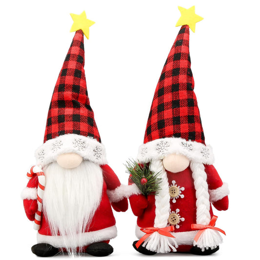 Lovinland Christmas Gnomes Plush Couple with Red Buffalo Check - Xmas Gnomes Elf Tomte Ornaments Doll - Christmas Decorations - Xmas Decorations for Home, Indoor, Office