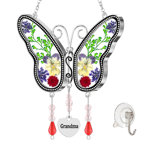 KUNDGLA Butterfly Suncatcher Grandma Stained Glass Sun Catcher for Windows Hangings Ornament with Pressed Real Flower Wings in Glass and Metal Heart Charm Birthday Gift for Women Mothers Day Christmas