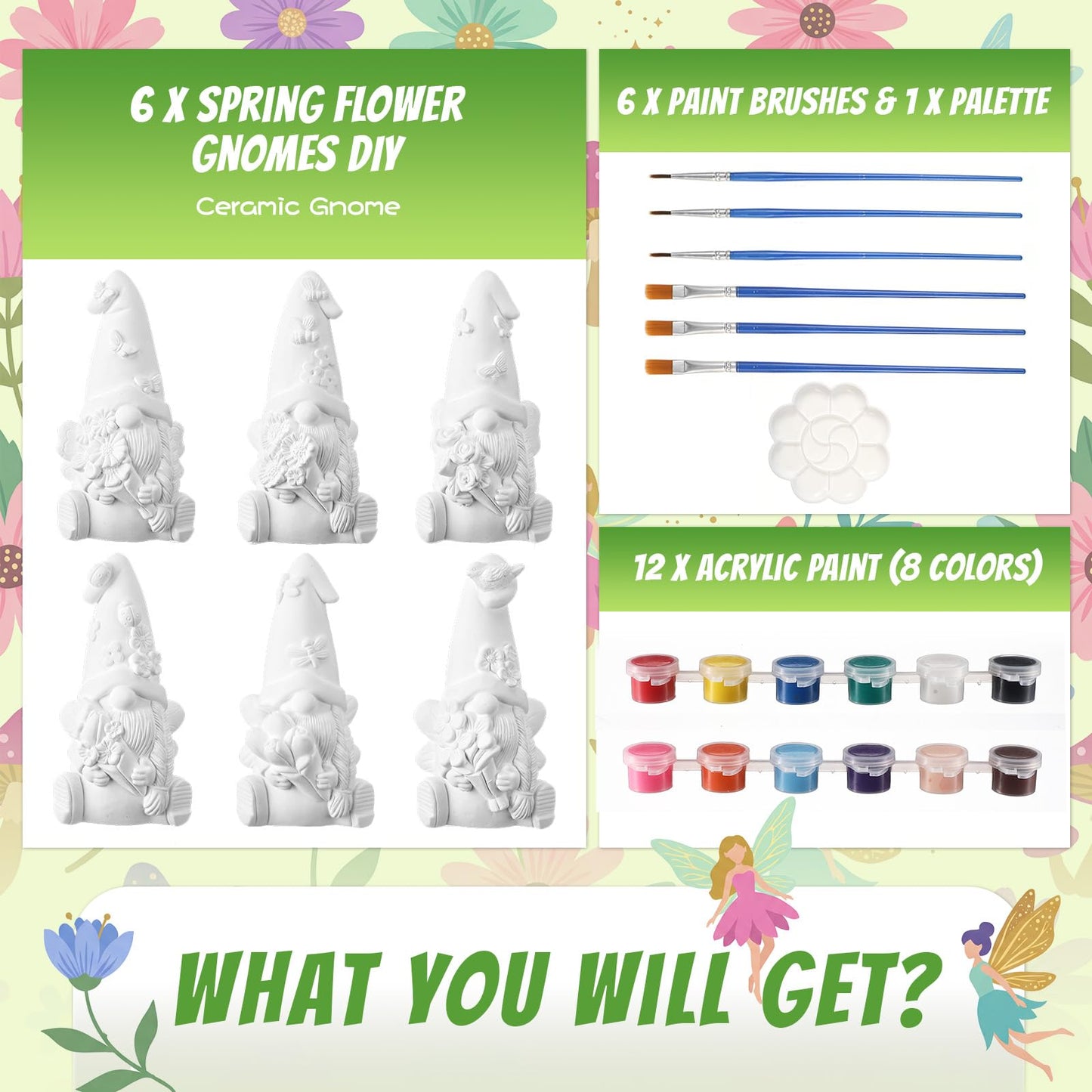 Arrowbash 6 Pcs Summer Ceramics to Paint Ready to Paint Your Own Gnome Statues 5.12 Inch Flowers Theme Paintable Figurines for Adults DIY Unpainted Ceramics Art Crafts with Brush Palette