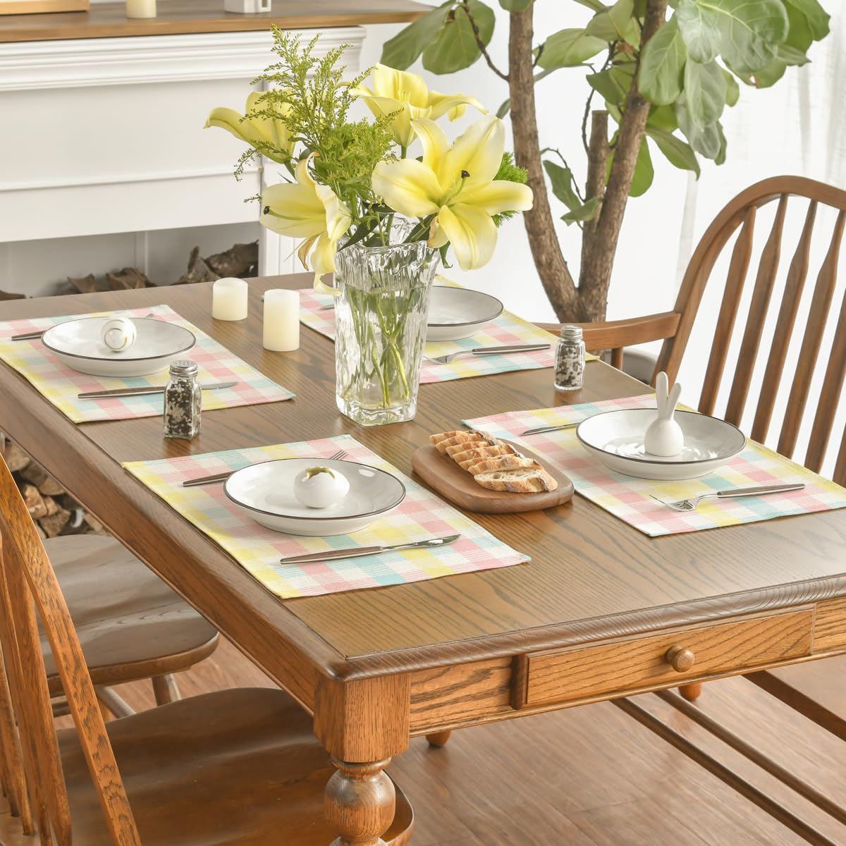 Artoid Mode Blue Pink Yellow Buffalo Plaid Placemats Set of 4, 12x18 Inch Seasonal Easter Table Mats for Party Kitchen Dining Decoration