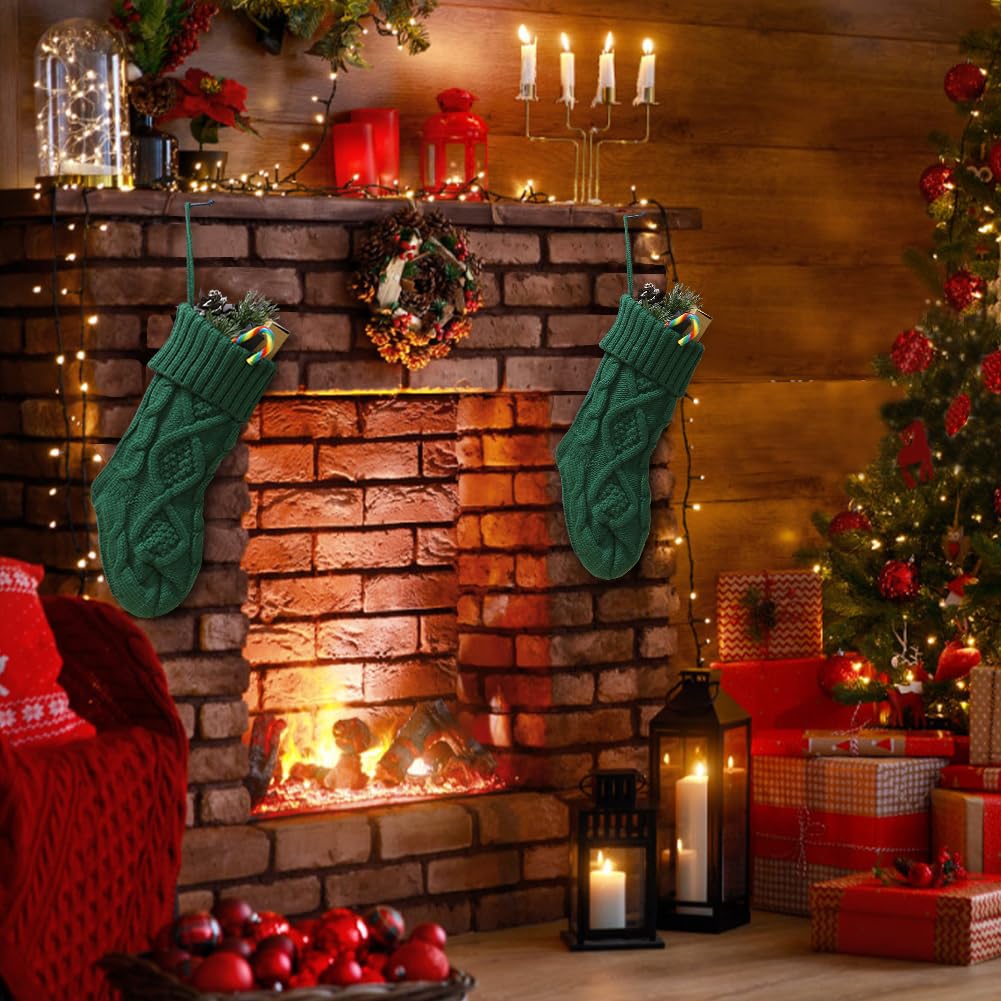 Meiosuns Christmas Stockings Cable Knit Stocking Christmas Decorations Goodie Bags Gift Fireplace Xmas Tree Stocking Ornaments for Holiday Family Friends (Green, Length 18",Pack of 1)
