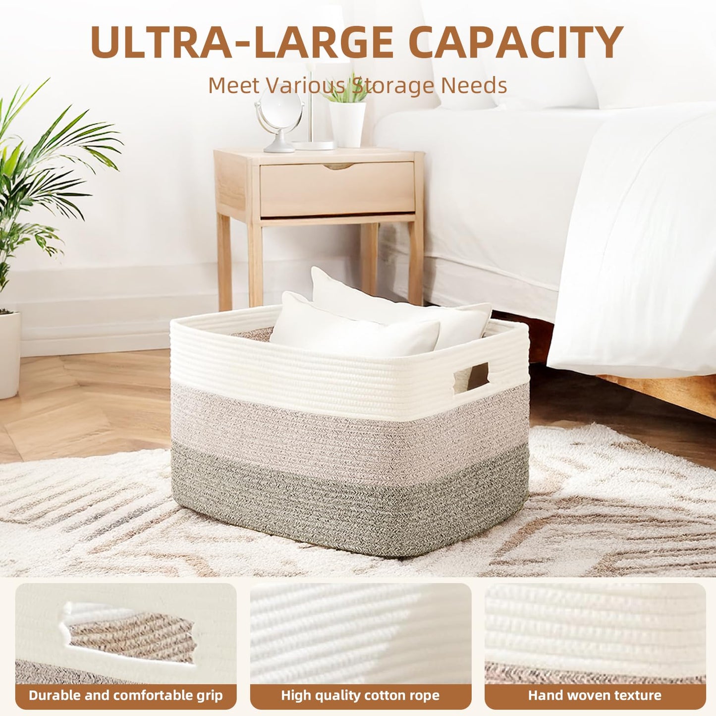 JGNYMG Cotton Rope Basket,Large Blanket Basket for Living Room,Woven cotton rope laundry baskets，For Bathroom Dirty Clothes ，Nursery Toys，pillow storage organization, 72L，Brown and white.