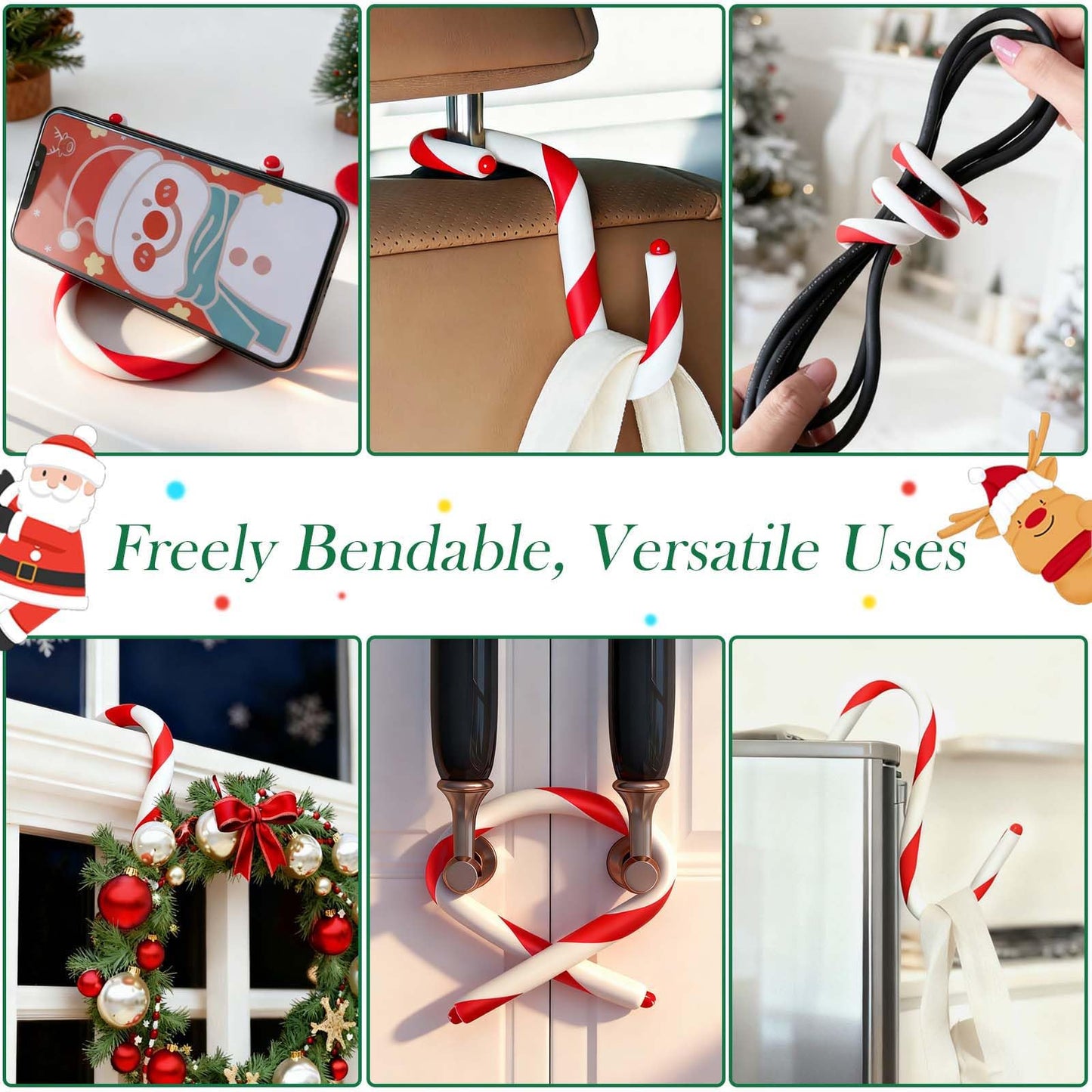 Tixiquns Bendable Stocking Holders for Mantle, Set of 4 Christmas Hooks Fireplace Stocking and Garland Hanger for Mantel, Non-Slip Adjustable Red and White Candy Cane Decor Xmas Decorations