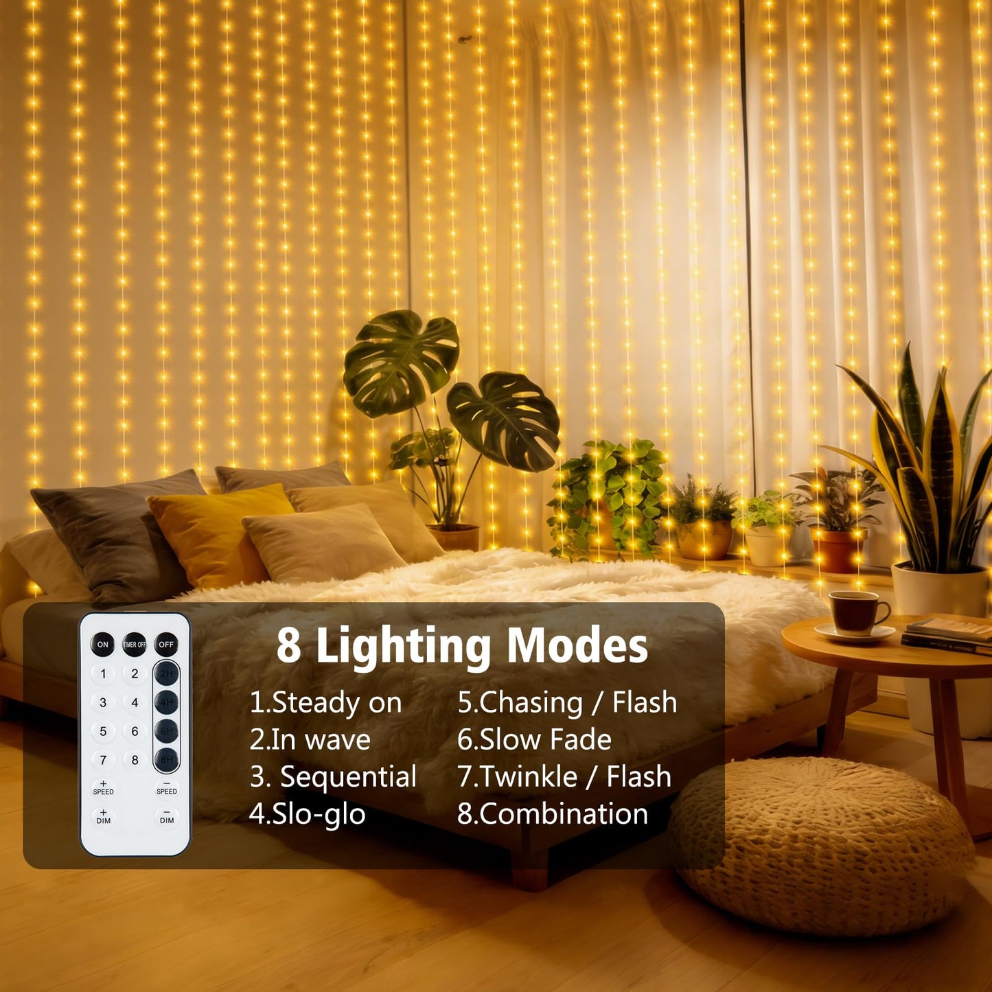 echosari Curtain Lights Battery Operated, 300 LED Fairy Lights 9.8 x 9.8Ft with Timer for Bedroom Wedding Backdrop Indoor Decor (Warm White)