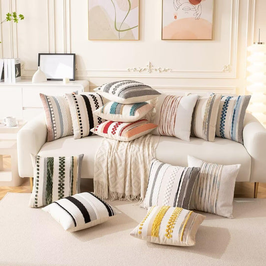 WANLIRD Boho Throw Pillow Covers 18x18 Set of 2 Farmhouse Decorative Cushion Case Striped Square Pillows Cover Chenille Pillow Cases Accent Neutral Pillowcase for Sofa Couch Bed,Sky Blue