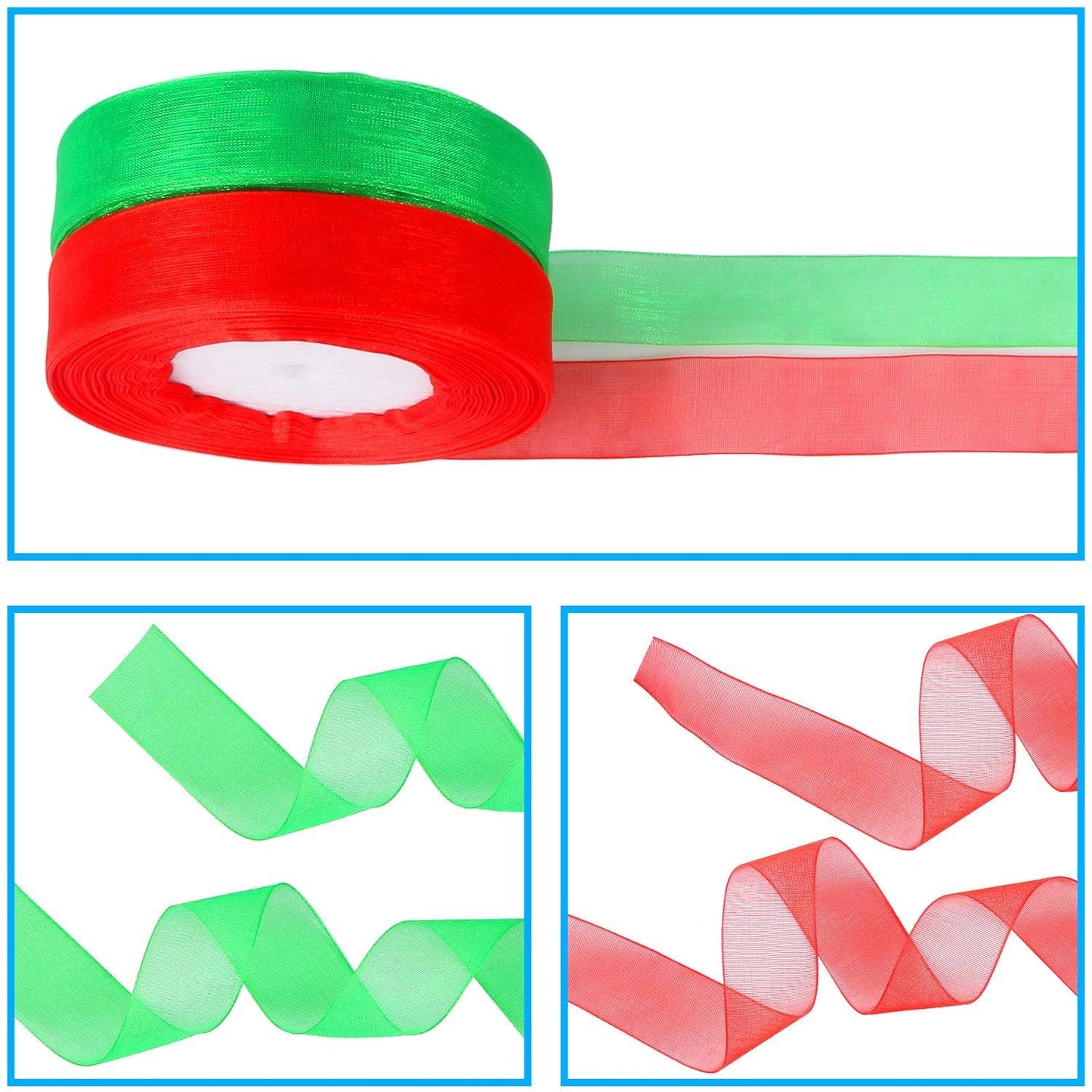 DECYOOL 4 Rolls 150 Yards Christmas Ribbons Metallic Glitter Fabric Organza Holiday Festival Ribbons 4/5" Wide for Gift Wrapping Decoration