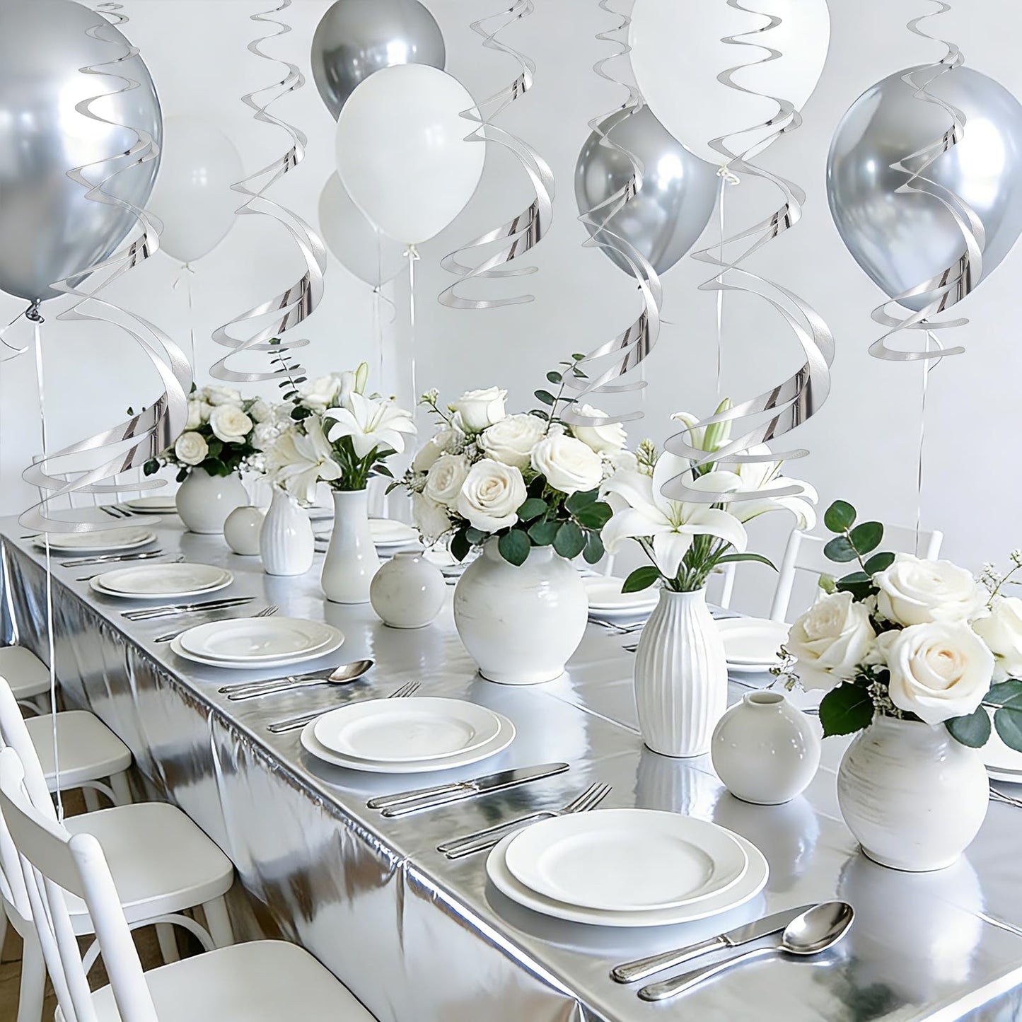 BLMHTWO 3Pcs Silver Foil Tablecloth and 30Pcs Hanging Swirl Decorations, 54 * 72in Disposable Plastic Table Cover Ceiling Swirl Spiral Hanging Streamers for Party Baby Shower Wedding Birthday