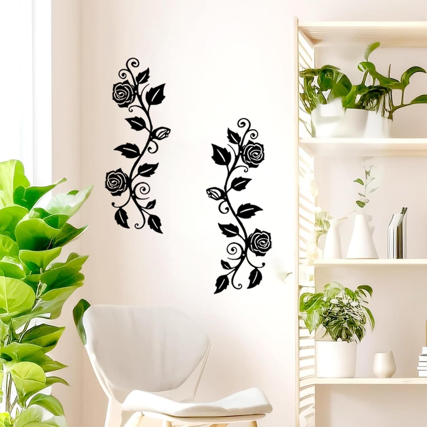 DUOOLN 2 Pcs Metal Rose Tree Leaf Wall Decor, Long Iron Scroll Vine Wall Art Above, Rustic Hanging Sign Flowers Sculpture, For Above Door Living Room Office Indoor And Outdoor Decoration - Black