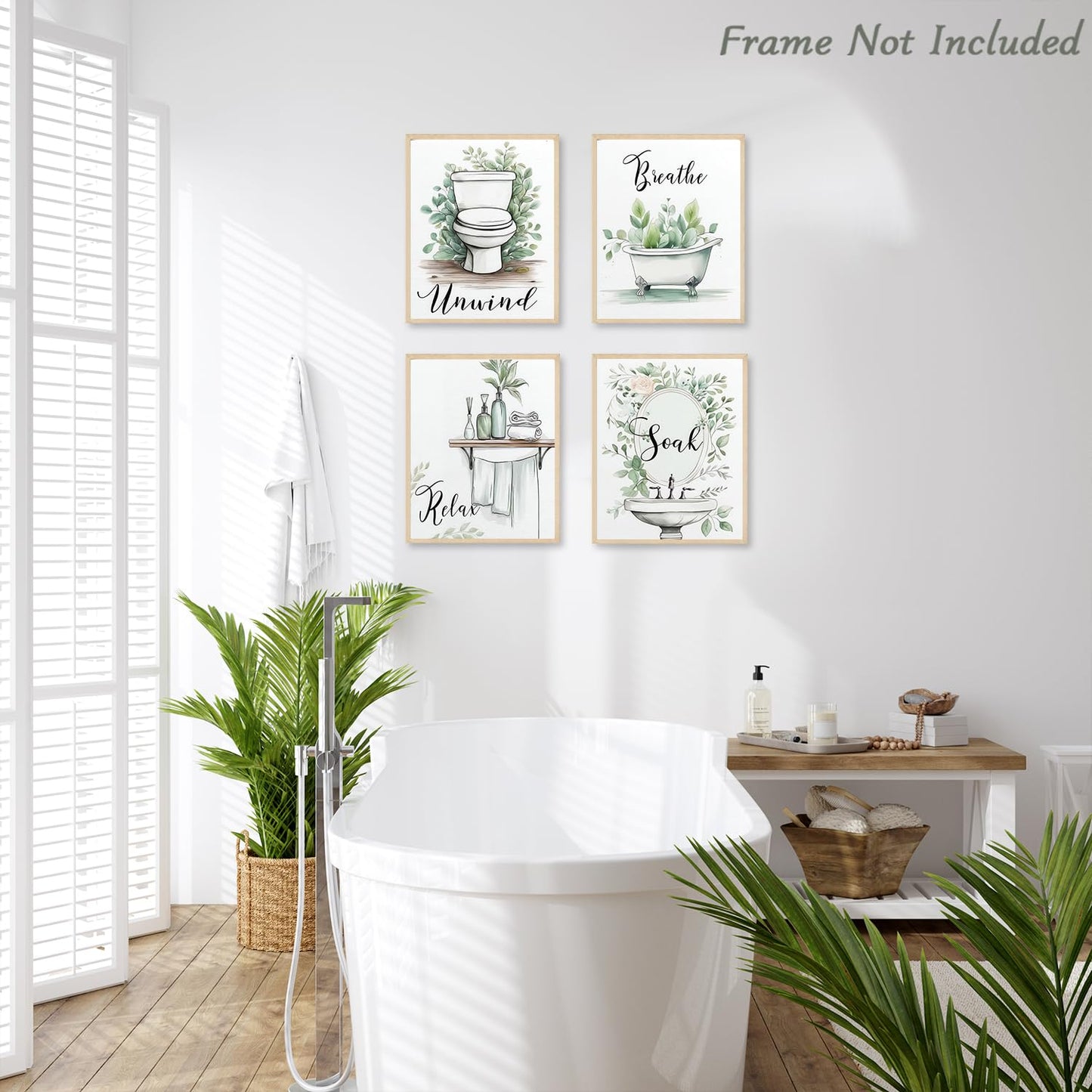 Dazzlewall 4pcs Relax Unwind Breath Soak Wall Decor, Minimalist Sage Green Leaves Bathroom Bathtub Washbasin Toilet Wall Art Poster, 8x10 in Unframed