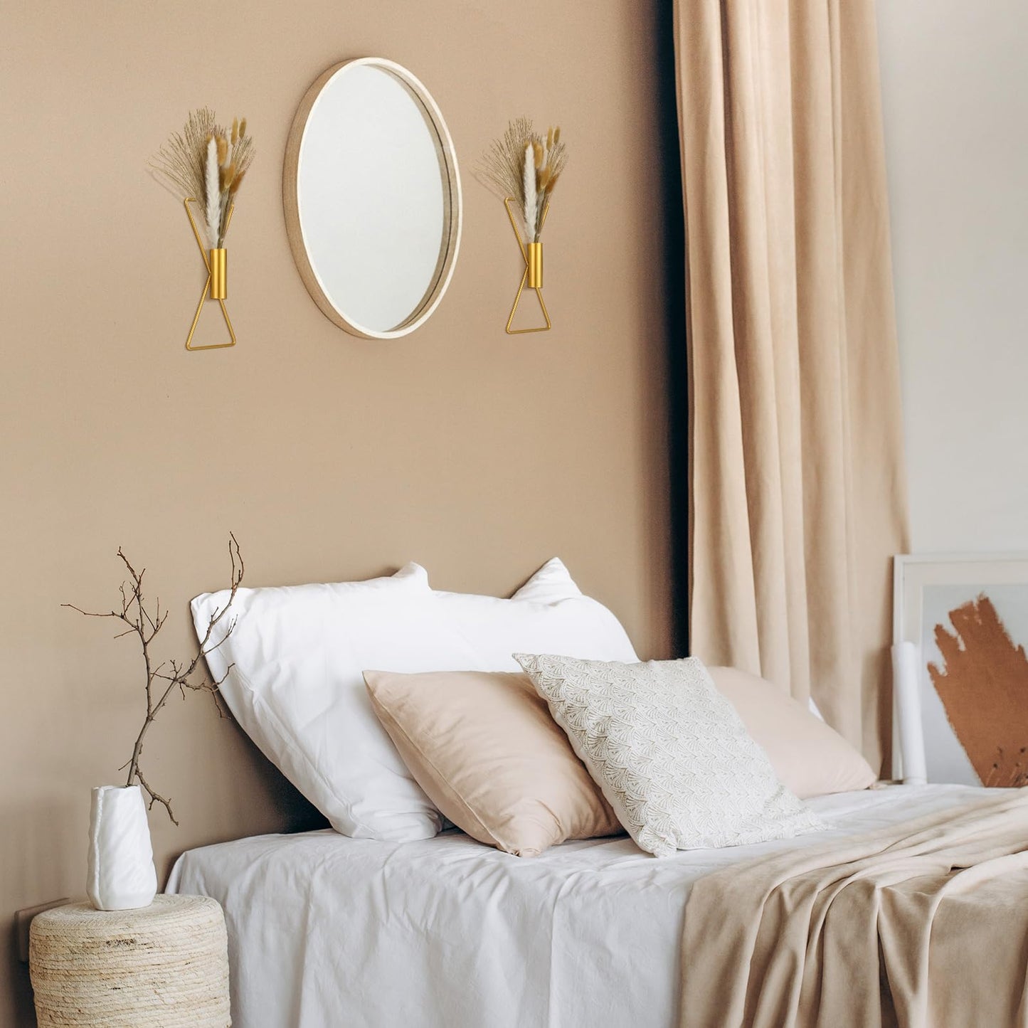 Peryiter 2 Pcs Boho Gold Wall Decor Metal Wall Art X Shaped Hanging Planters with Artificial Pampas Modern Home Gold Bathroom Decor for Bedroom Living Room