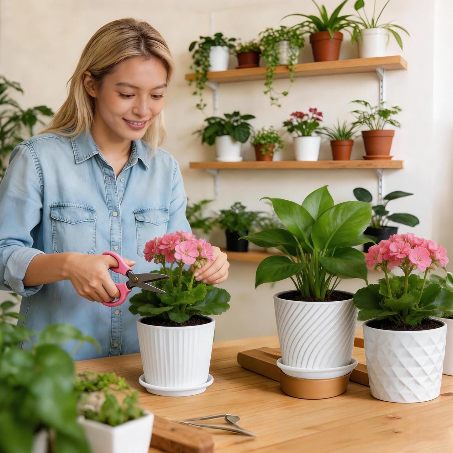 sietpoek Plant Pots - 5.5 Inch Cylinder Ceramic Planters with Connected Saucer, Pots for Succuelnt and Little Snake Plants, Set of 4, White