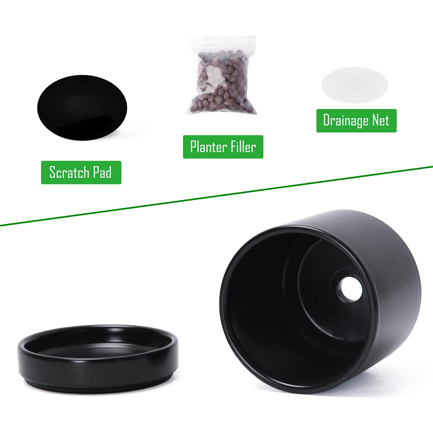 D'vine Dev 4.7 Inch Ceramic Planter Pot with Drainage Hole and Saucer, Indoor Cylinder Round Planter Pot, Black, 94-O-B-2