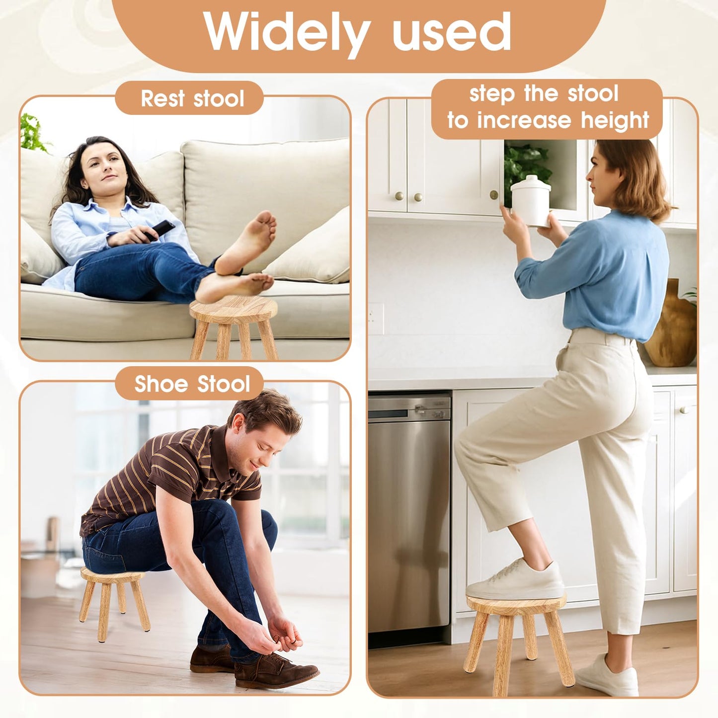 FdcZeyxior Natural Solid Wood Step Stool 9 Inch Short Sit Chair Portable Round Small Four Legged Wooden Sitting Stool for Adults Bathroom Classroom Bedroom Kitchen Plant Stand Decor, Detachable