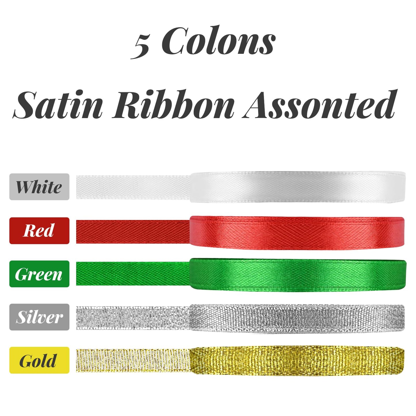 Showin 5 Rolls 125 Yards Christmas Ribbons, 10mm Wide Metallic Glitter Fabric Holiday Festival Satin Ribbons for Christmas Gift Wrapping Decoration